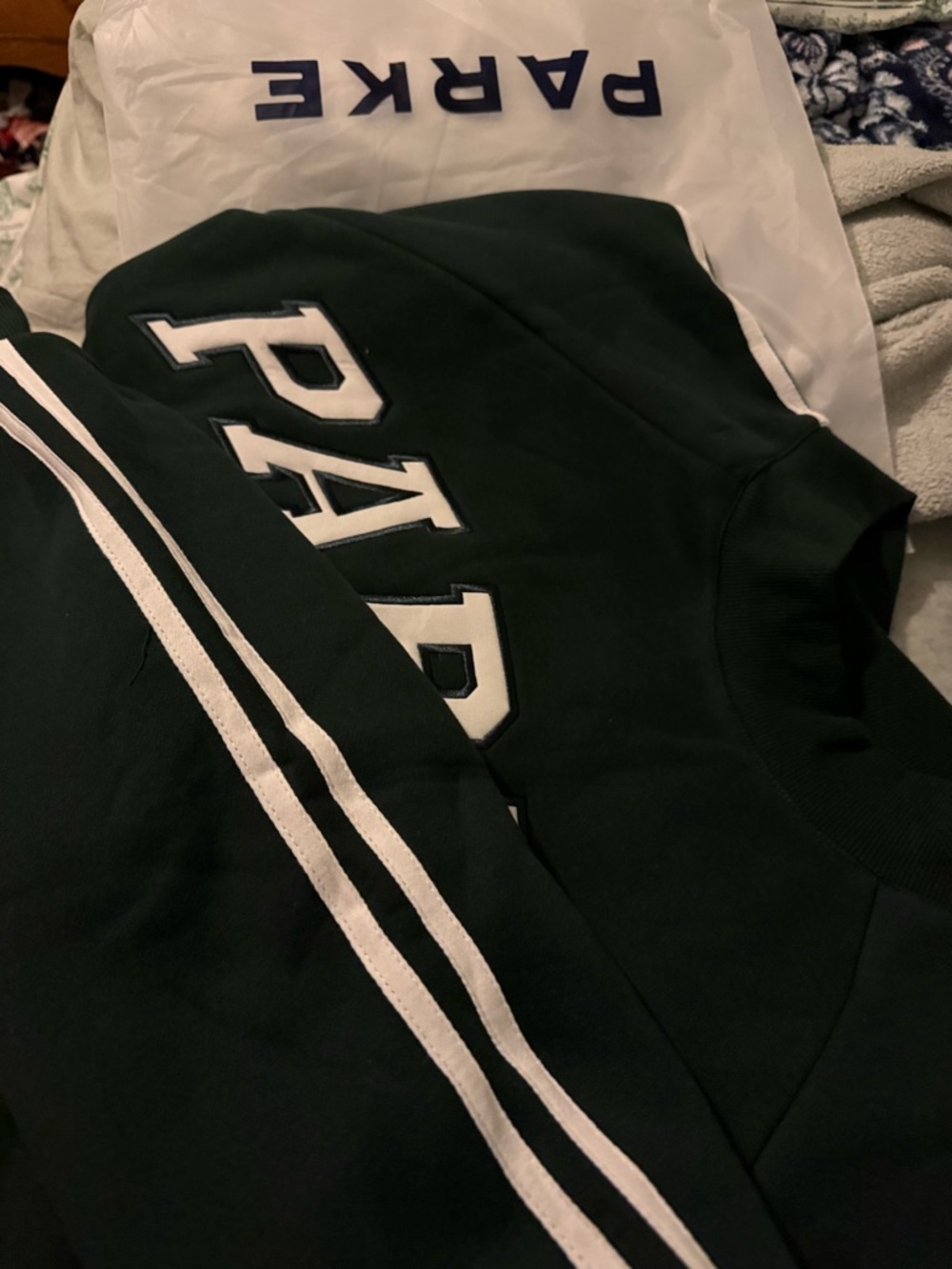 New Parke forest Green w/lettering Mock neck Sweatshirt w/White Stripes Lg /Xl